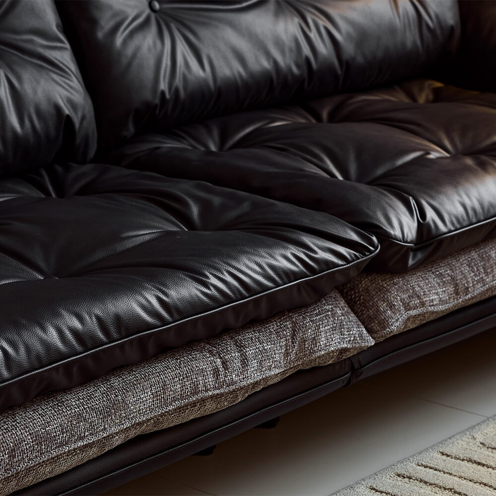 Sandwich Leather Tufted Sofa with Removable Cushions